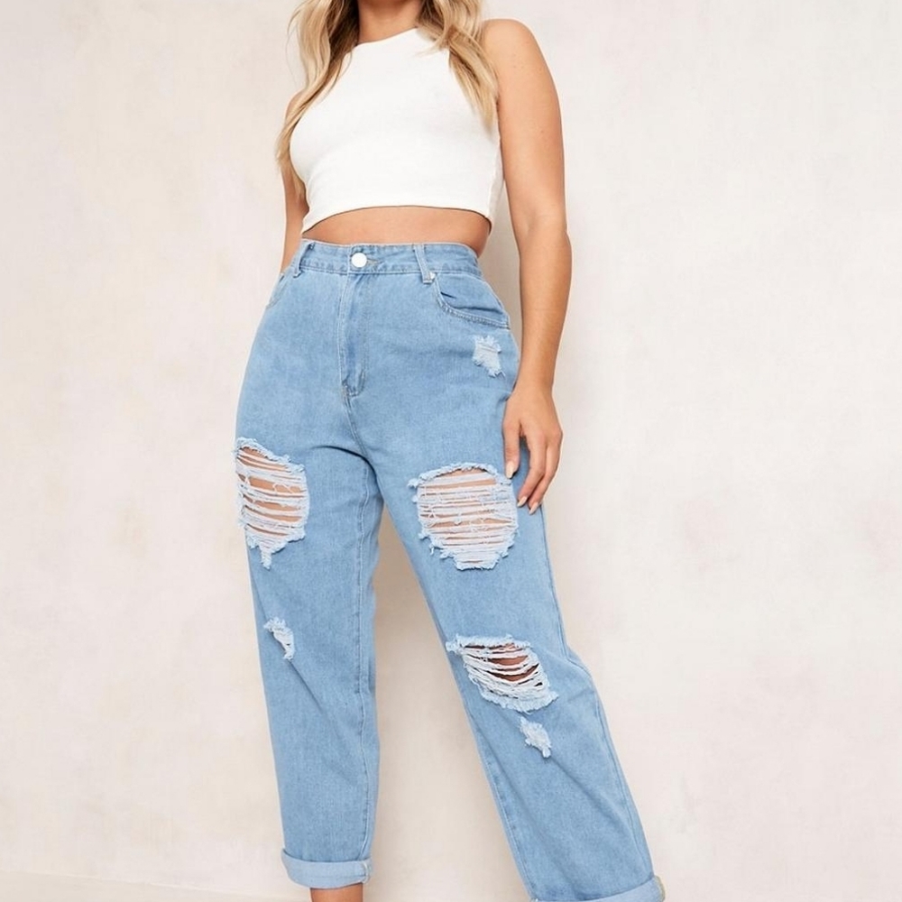 Boohoo plus distressed ripped mom jean